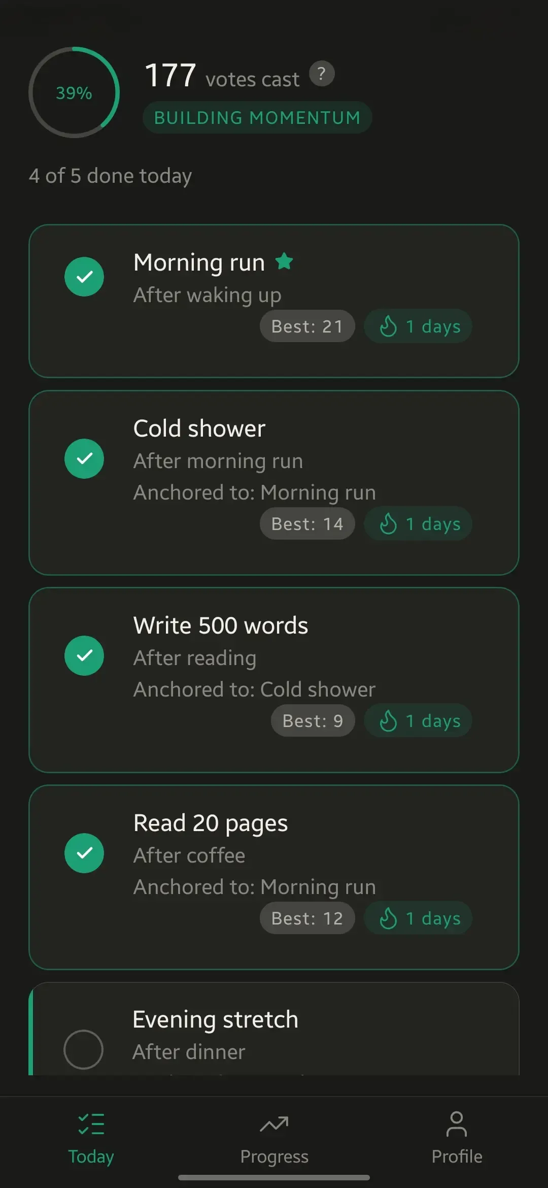 Today screen showing habit list with identity votes